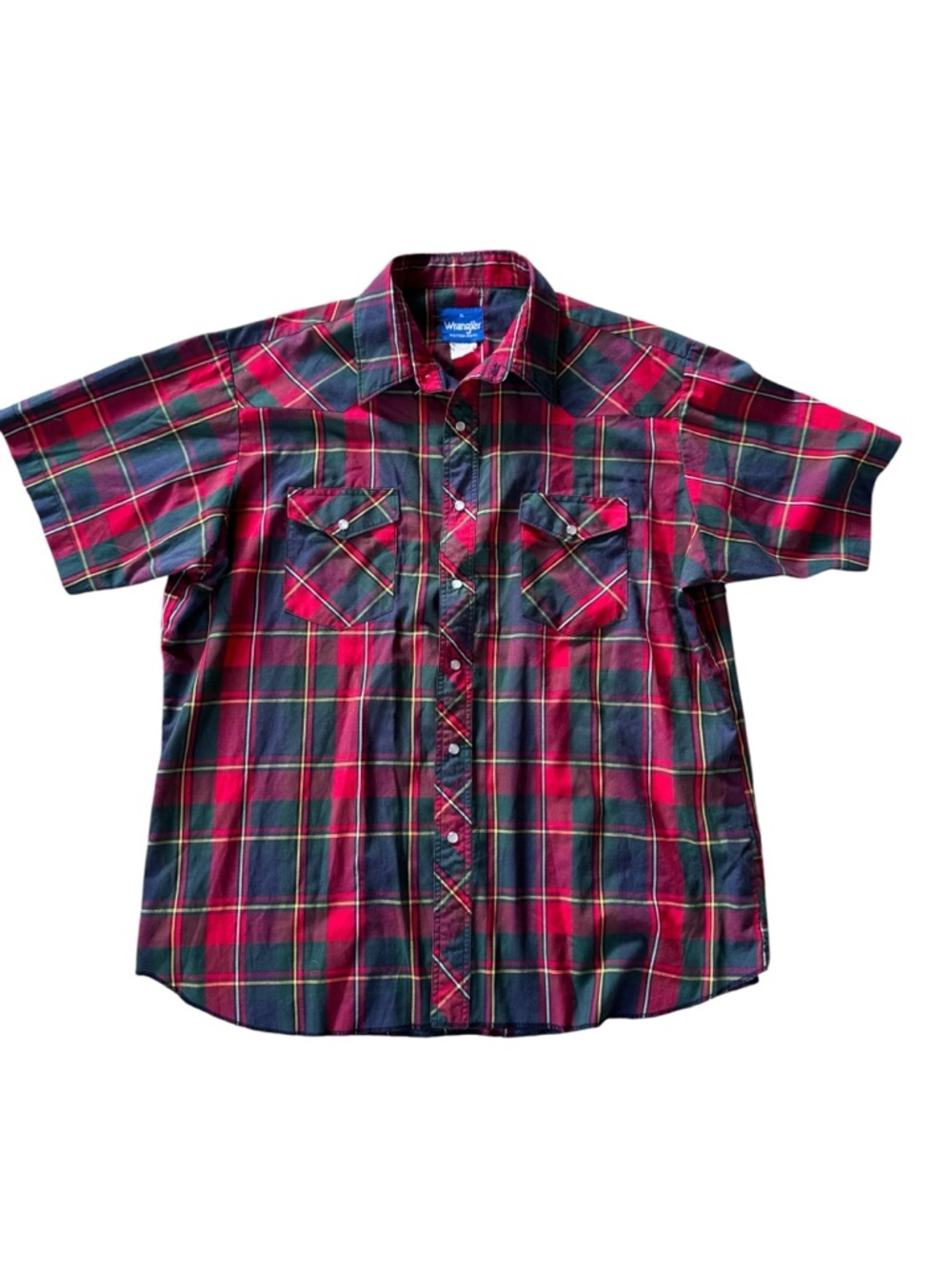 Vintage Wrangler Western Shirt Men’s XL Red Green Plaid Pearl Snap Short Sleeve